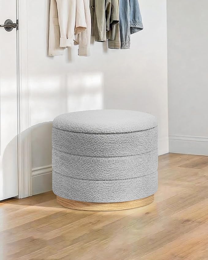 B FSOBEIIALEO Round Storage Ottoman with Tray, Folding Ottoman with Storage Coffee Table Foot Rest for Dorm Room Living Room Chenille Fabric,Sliver Grey,22.83"x22.83"x17.34"