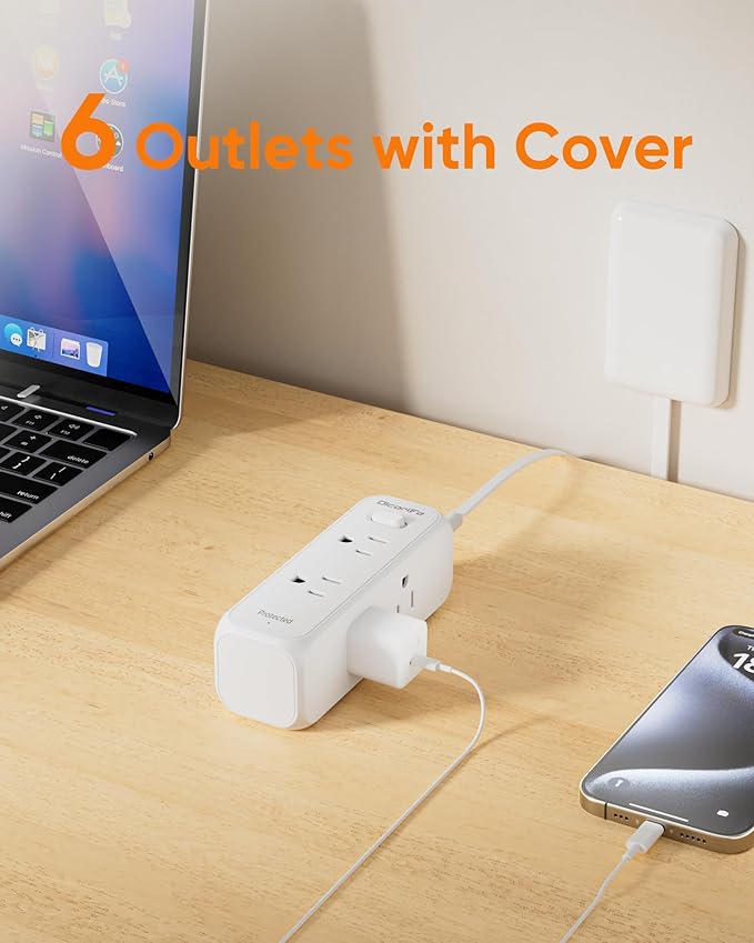 Olcorife Flat Outlet Extender with Cover, Flat Plug Power Strip with 6 AC Outlets, 2000 Joules Surge Protector, 5FT Flat Extension Cord, Home Office Travel Dorm Room Essentials