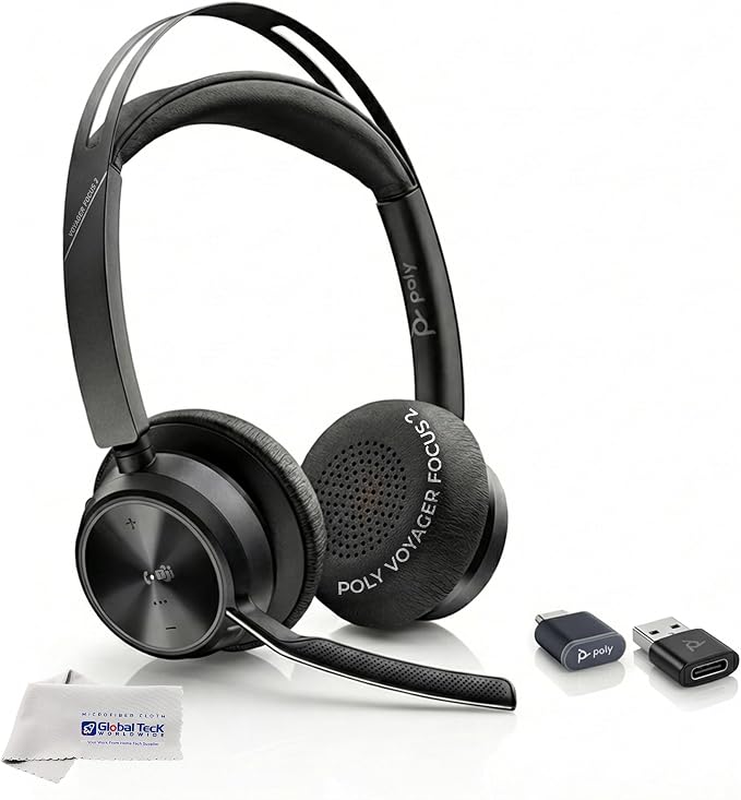 Poly Voyager Focus 2 Bluetooth Headset with Noise Blocking Mic - USB-C/A Dongle Adapters for PC using MS Teams, Zoom - Pairs to Both Cellphone and Laptop - Charging cable, and GTW Microfiber Cloth