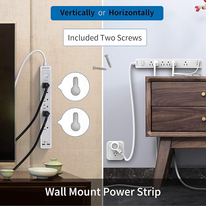 Extension Cord 15 ft, 6 Outlets Outlet, Heavy Duty Long Power Strip Flat Plug, 1875W Flat Plug, Widely Spaced Outlet, Wall Mount for TV Dorm Office Home Theater, White