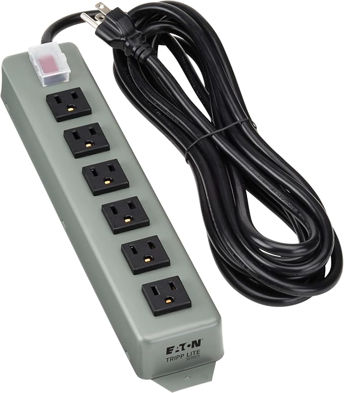Eaton Tripp Lite series 6-Outlet Heavy Duty Power Strip, Metal, Mountable (Wall Mount & Under Desk) 15ft Extension Cord, On/Off Switch Cover, Industrial Garage Shop Work Bench Applications (UL24CB-15)