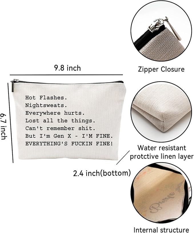 ZUYUROU Funny Gen X Makeup Bag for Women, Humorous Menopause Cosmetic Pouch for Over 50 Birthday Gifts, Double-Sided Travel Toiletry Case Organizer with Zipper, Grey