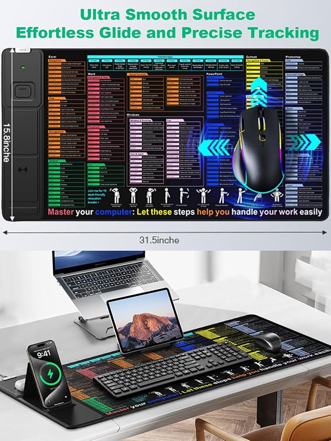 Mouse Pad with Foldable Phone Holder, Wireless Charging Desk Mat 31.5x15.75 Mousepad with Superior Micro-Weave Cloth Non-Slip Waterproof Desk Pad (Excel Shortcut)