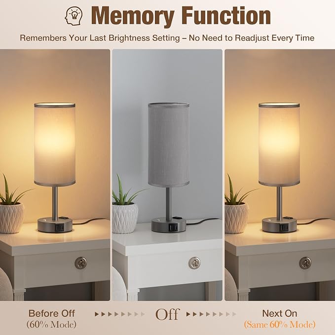 Touch Bedside Table Lamp with Memory - Stepless Dimmable Lamp for Bedroom, Small Nightstand Lamp with Dual USB Charging Ports and AC Outlet, Wood Night Light, Deak Lamp for Nursery (Grey & Grey)
