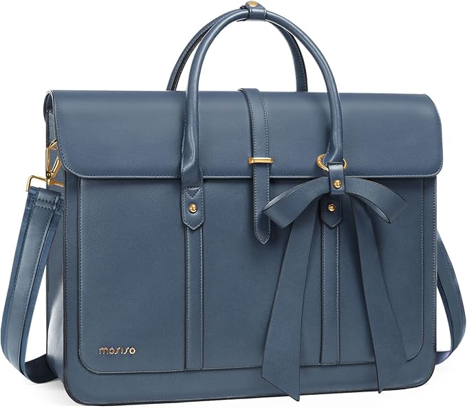 MOSISO Laptop Bag for Women, 15-15.6 inch PU Leather Laptop Shoulder Bags Convertible Backpack, 16 inch Messenger Bags Casual Handbag Work Briefcase Travel Computer Bag with Bowknot, Peacock Blue