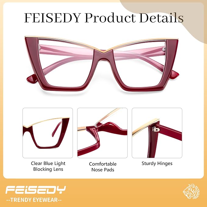 FEISEDY Fashion Cat Eye Blue Light Blocking Glasses for Women Fake Retro Eyeglasses Oversized Stylish Eyewear Frame B0240