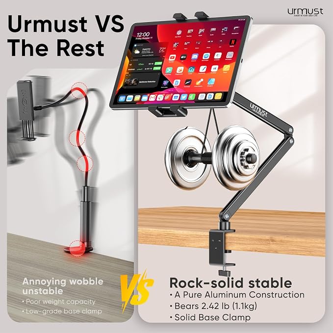 Urmust Portable Monitor Stand 15.6", iPad Stand for Desk, Portable Monitor Holder up to 18.5", Adjustable Desktop Tablet Arm Mount, Apple iPad Holder for Desk, for 4.7"-12.9" iPad Pro/Air/Mini