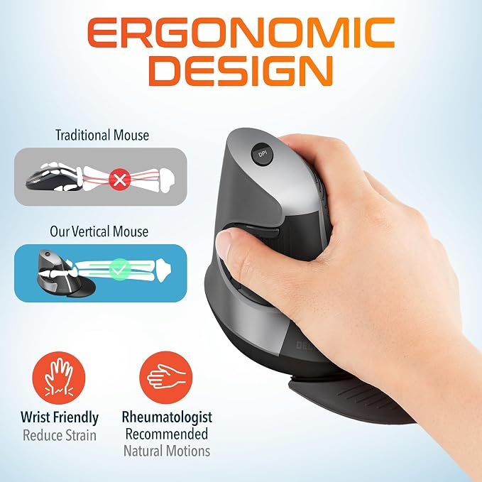 Delton S22 Vertical Wireless Mouse, Ergonomic Design, 2.4G USB Dongle, 6 Buttons, 3 Adjustable DPI Levels (800/1600/2400), Removable Palm Rest, Silent Click & Durable for PC, Laptop, MacBook - Black