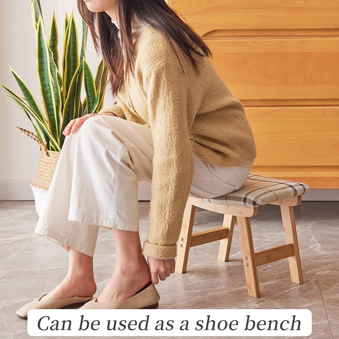 Kitsanery Foot Stool,Ottoman,Bamboo Small Sofa Foot Rest Under Desk,Extra Seating for Living Room, Bedroom and Kitchen (Natural Stool Legs - Stripes Surface)
