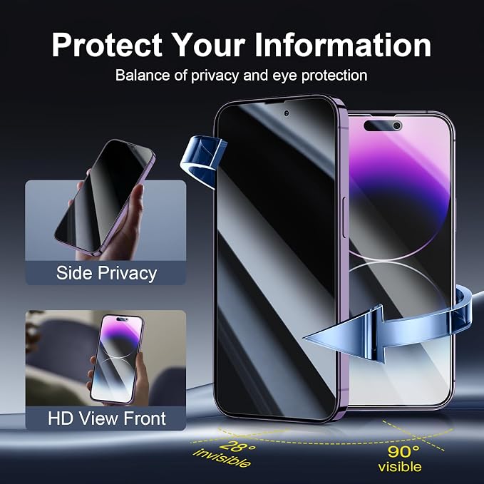 NEW'C 3x Privacy for iPhone 14 Pro Screen Protector (6.1 inches)+ 3x Camera Lens Protector, Sensor Protection,Case Friendly Tempered Glass Film + Dust Plug - Enhanced Privacy Angle of 28 Degrees
