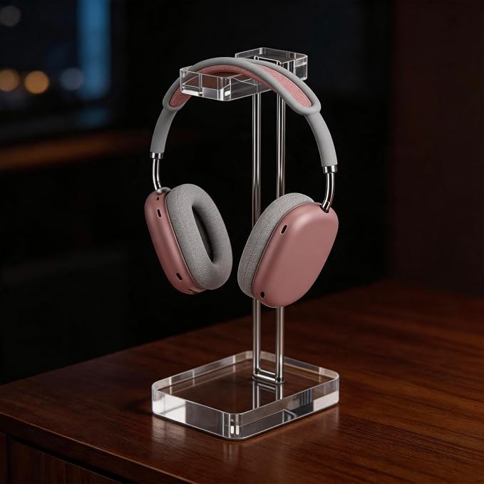 Acrylic Headphone Stand for Desk, Crystal Clear Headset Holder with Silver Metal Accent, Stable Non-Slip Base, Universal Gaming Headphone Hanger for PC Setup, Office & Home Desk Accessories