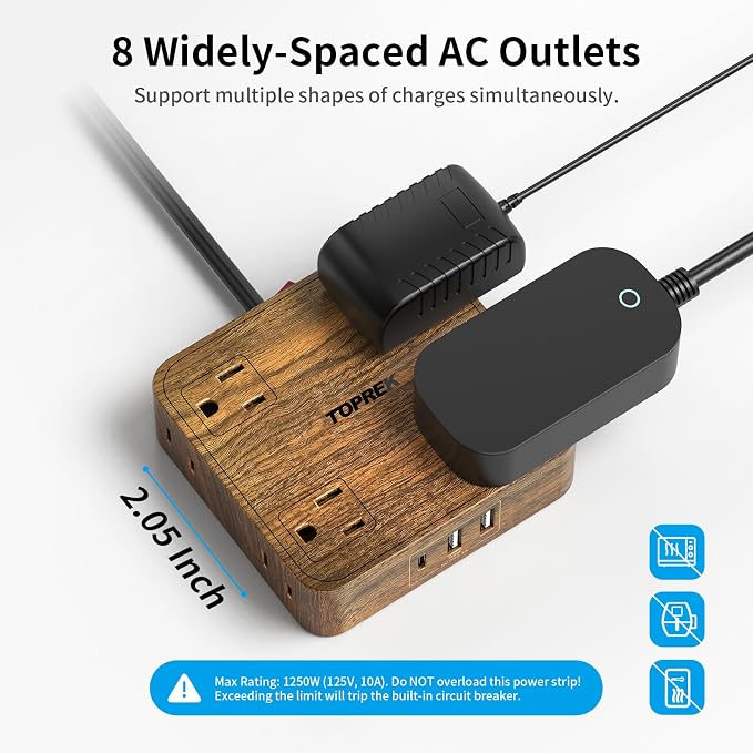 TOPREK Power Strip Surge Protector (1080J), 8 Widely-Spaced Outlets with 1 USB-C & 2 USB-A, Wood Finish Power Strip with USB for Home, Office, Dorm, Travel, 5 FT Extension Cord with Flat Plug