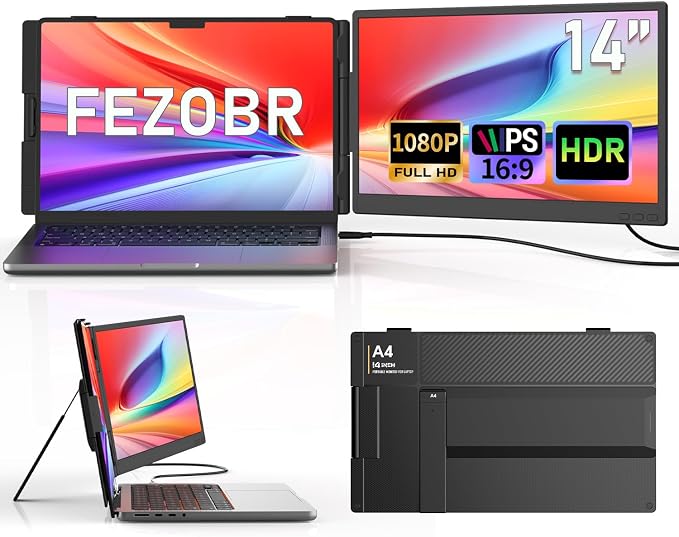 14" Laptop Screen Extender, 1080P FHD Dual Portable Monitor for Laptopwith Speaker, USB-C/HDMI Plug & Play, Extended Screen for Mac/Windows/Chrome, Fit 13-17.3" Laptops