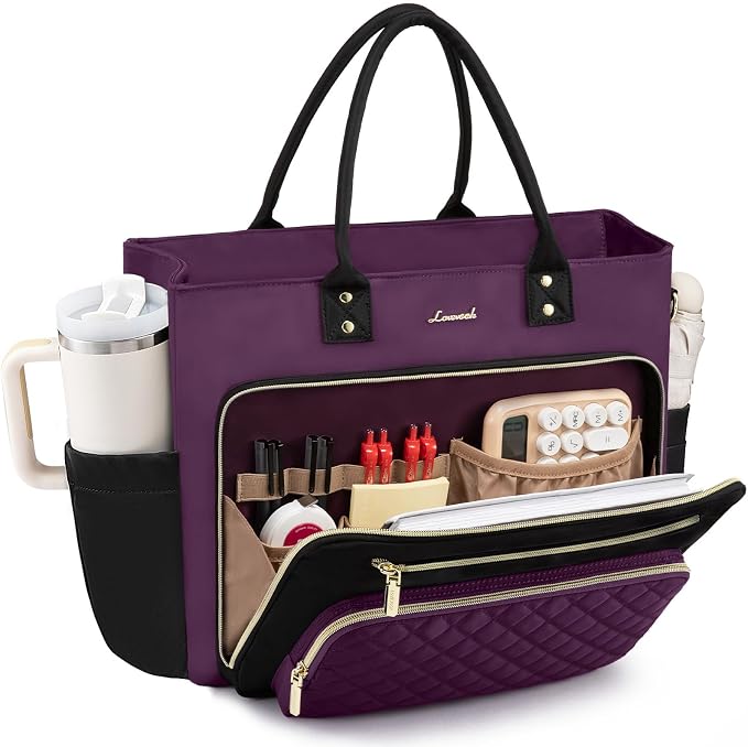 LOVEVOOK Teacher Tote Bag for Women Work, Laptop Bag Work Tote Bag Nurse Bags With Large Cup Holder, Professional Computer Briefcase Business Large Purses Handbag, Diaper Bag Mother Gift, Black-Purple