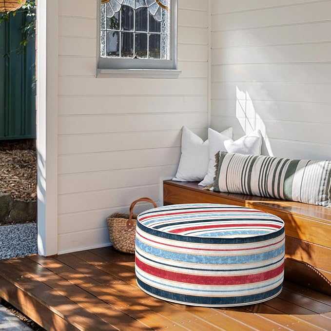DYTXIII Inflatable Ottoman Stool D31 xH14 for Outdoor/Indoor Use, Water Repellent Patio Foot Rest Stool with Portable Handle,Round Pouf Ottoman Suitable for Garden,Deck and Camping - Stripe Red Blue
