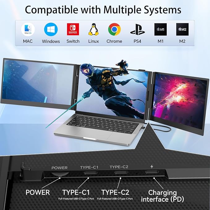 14.2" Triple Laptop Screen Extender, Ultra-Thin FHD 1080P IPS Portable Monitor for Laptop, Aluminum Alloy Tri-Screen Travel Monitor, Plug & Play for Windows/Mac/Chrome, Fits 13"-17.3" Laptops