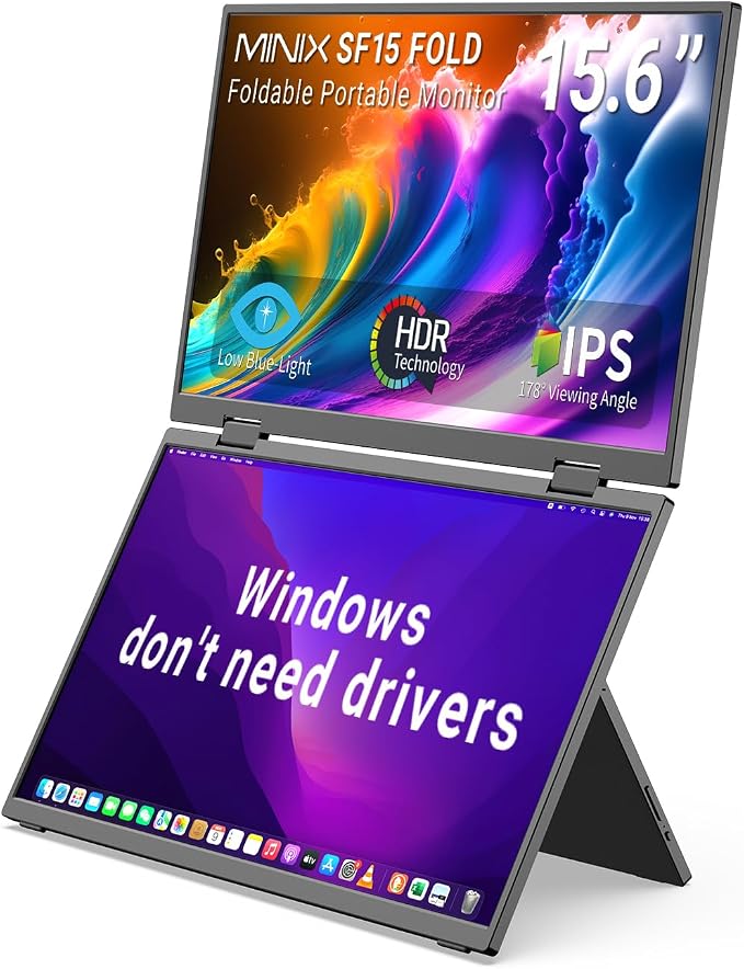 MINIX SF15 FOLD Dual 15.6" Foldable Portable Monitor, 1080P FHD, 300 nits, 100W PD, Low Blue Light, Recyclable Metal, Type-C & HDMI for Laptops, Study, Creative Projects, Office Collaboration