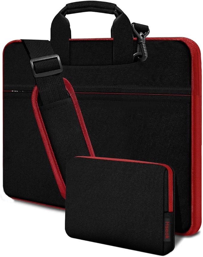 Hseok Laptop Shoulder Bag 15.6-16 inch Case,Water-Resistant Shockproof Computer Handbag with Small Case Compatible with MacBook Pro/Neo 16",Mac Air 15 M5, XPS 15/16 and most 15.6-16 PC,Black-red