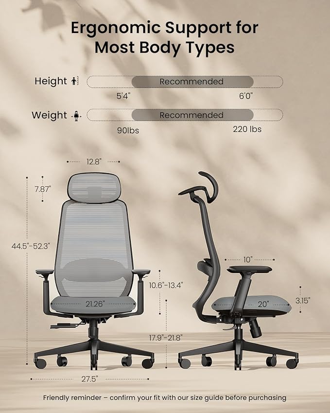 ProtoArc EC200 Ergonomic Office Chair – High-Back Mesh Computer Chair with Lumbar Support, Adjustable Seat Depth & 3D Headrest Ergo Desk Chairs for Work from Home, 8+ Hours Comfort – Light Grey