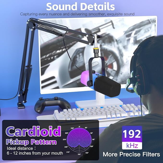 ZealSound USB Gaming Microphone,PC Microphone for Phone Tablet with RGB for Streaming Podcast Vocal Recording ASMR, Computer Mic with Noise Cancellation,Mute Button,Gain Knob,Desktop Arm Boom Stand
