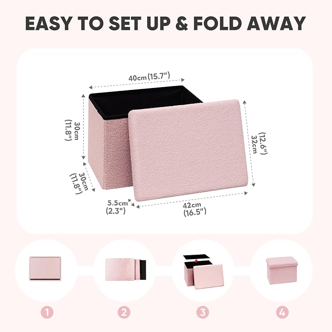 PINPLUS Sherpa Storage Ottoman Footrest Stool - Plush Foldable Cube with Hidden Compartment, Multi-Functional Furniture for Living Room, Bedroom, Office - Pink, 16.5”L x 12.6”W x 12.6”H