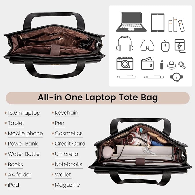 LOVEVOOK Laptop Tote for Women - 15.6 Inch Professional PU Leather Computer Briefcase, Waterproof Handbag, Large Capacity Business Teacher Office Bag, Crossbody Purse - Black