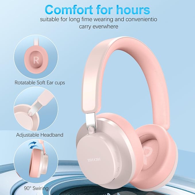 Over Ear Headphones Wireless Bluetooth, Noise Cancelling Headphones Bluetooth with Microphone, Cancelling Wireless Headphones Over Ear, 65h Playtime, Clear Calls, Comfort Fit For Travel (Pink)
