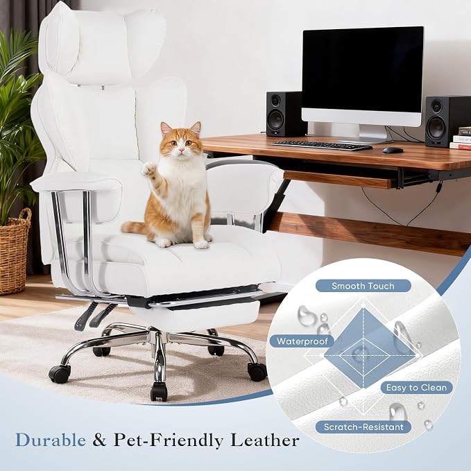 DUMOS Big and Tall Office Chair 350 LBS, Scratch-Resistant PU Leather Executive Office Desk Chair with Footrest, Ergonomic Reclining Computer Chair with Pocket Spring Support for Home Office, White