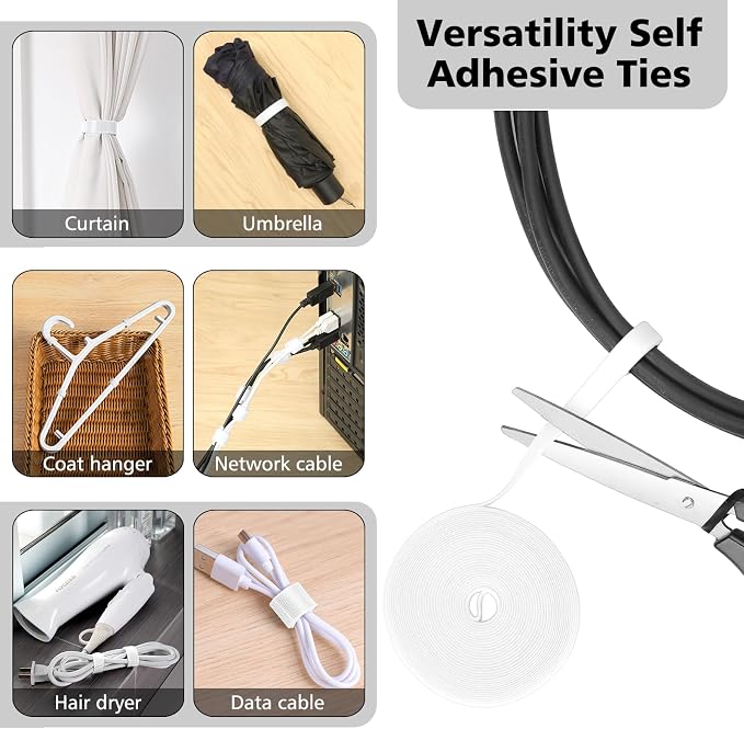 White Cable Management Organizer Kit, 2 Wire Sleeve Protector, 41 Self Adhesive Cable Clips Holder, 10pcs+2 Roll Reusable Cable Ties and 100 Cable Zip Ties for TV Computer Cord Tidy Under Desk