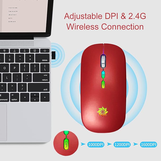 KBCASE Wireless Mouse, LED Wireless Mouse for Laptop, Slim Silent Mouse 2.4G Rechargeable Wireless Computer Mouse for Laptop, MacBook, iPad, Chromebook, with USB & Type-c Receiver