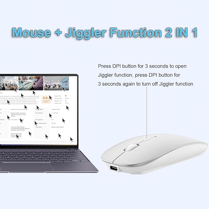 SUNGI Bluetooth Mouse for Laptop/MacBook/iPad/Android PC,Rechargable Quiet Slim Wireless Mouse Jiggler for Windows/Linux/Tablet,Silver