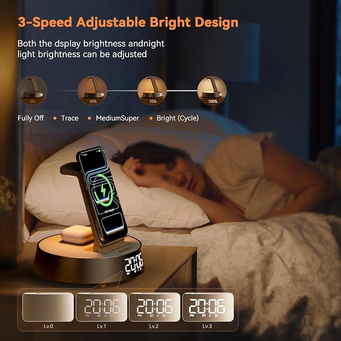 6 in 1 Wireless Charging Station with Alarm Clock, Bluetooth Speaker, FM Radio, Night Light for Bedroom Office, Wireless Charger Dock Station for iPhone 17 16 15 14 13 12 Pro Max,Apple Watch, AirPods