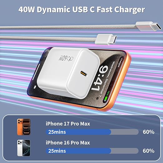 iPhone 17 16 15 Charger,2Pack 40W Dynamic Power Adapter with 60W Max,USB C Fast Charger Block 6FT Type C Woven Charging Cable Cord for iPhone 17 Pro Max/17 Pro/Air/17/16/16 Pro Max/15 Pro,iPad Pro/Air