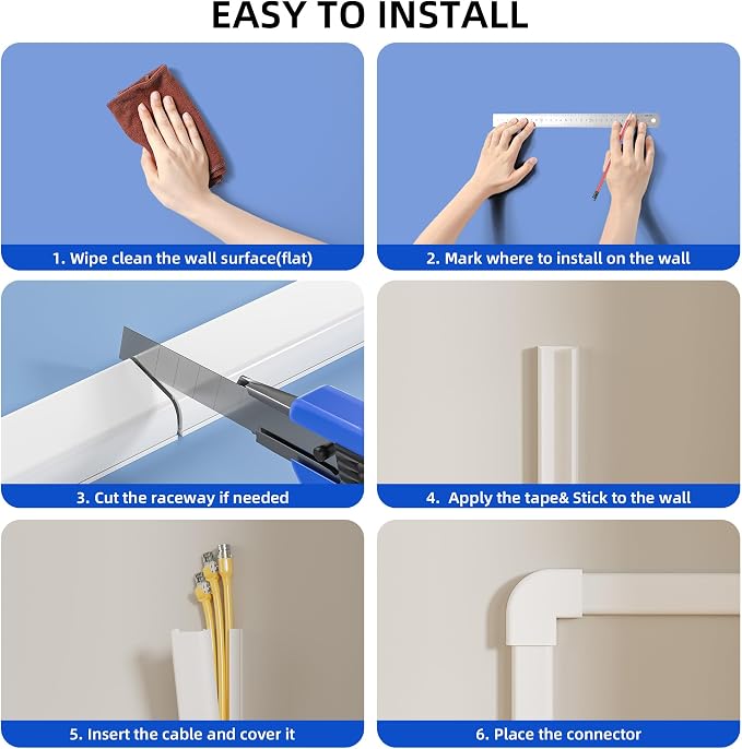 Delamu Large 142in Cord Hider for 3-4 Cords, Cord Covers for Wires on Wall, Easier Install Wire Covers for Cords on Wall, Cable Wire Hider, Cable Cover Management Raceway, W1.18 H0.63in, White