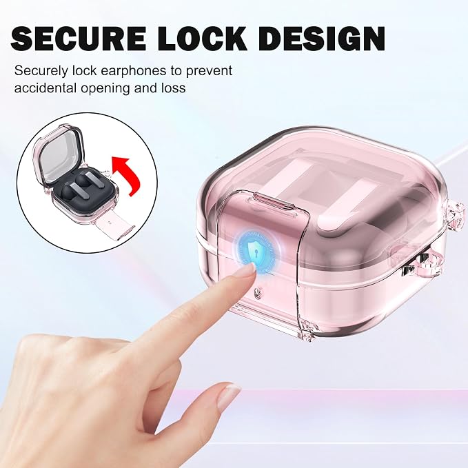 CameCosy Transparent case Compatible for Samsung Galaxy Buds 4/Buds 4 Pro 2026 with Lock Buckle & Phone Stand Function, TPU Shockproof Anti-Scratch Cover with Carabiner for Women Men, Clear Pink