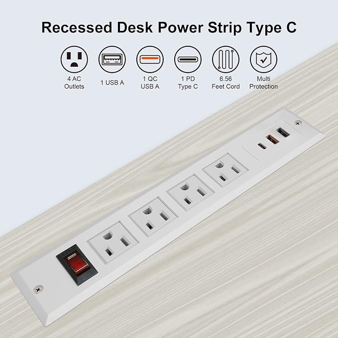 20W Mountable Power Strip USB C Recessed Power Strip USB-C Fast Charge 4 Outlet 3 USB Multiple Protection Built in Conference Desk Counter Workbench for PC Home Electric Appliance White