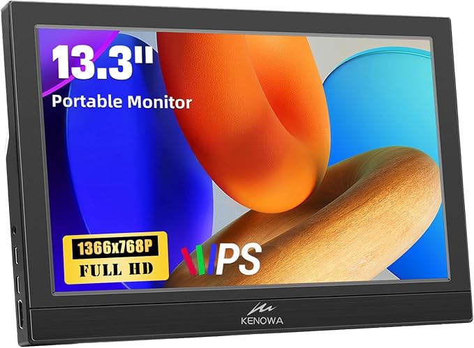 Kenowa Portable Monitor 13.3 Inch - HD 1366x768P LED Display External Monitor with USB C HDMI, Built-in Speakers Second Screen for Laptop Phone Mac PC PS4 Xbox