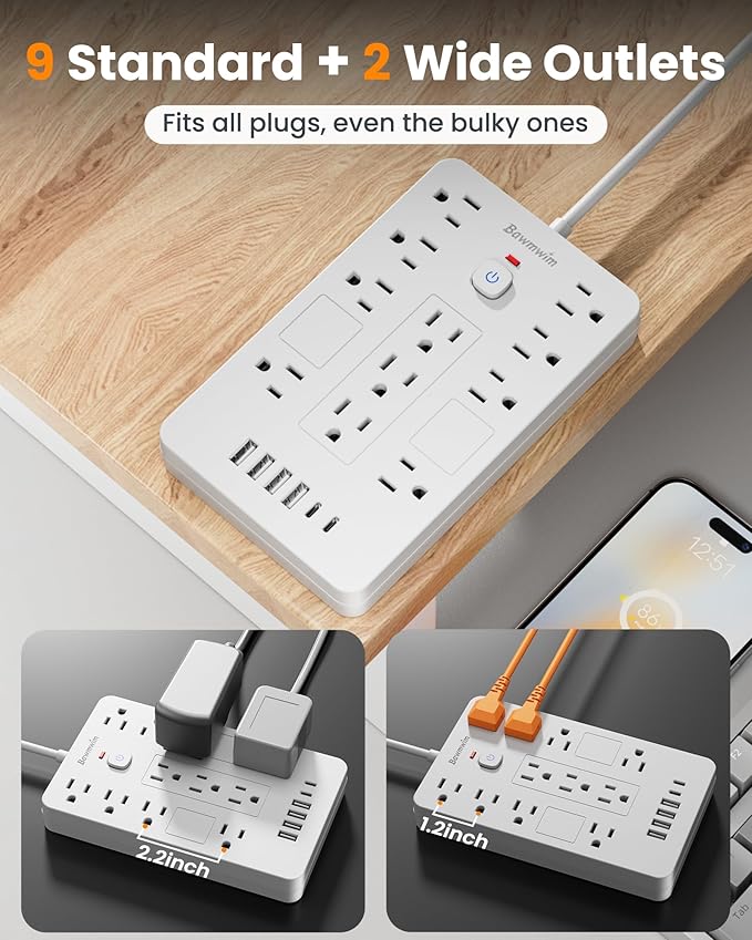 2 Pack Surge Protector Power Strip - 11 Outlets(1850W/15A/14AWG) with 6 USB Ports(2 USB C), 6FT Flat Plug Extension Cord, Wall Mount, White,Listed for Home, Dorm Room