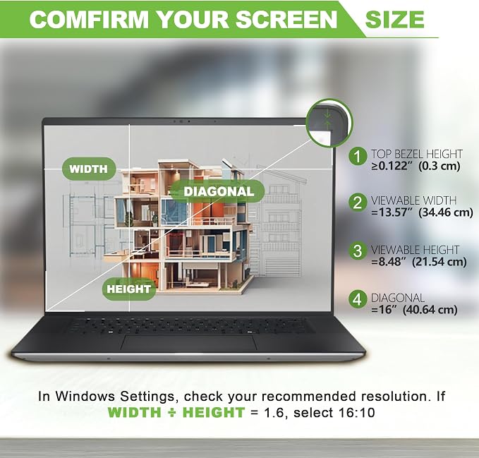 Magnetic Laptop Privacy Screen 16 inch for 16:10 Computer Monitor, Removable Anti-Glare Screen Privacy Shield, Screen Filter and Protector for Laptop, Fits (WUXGA 1920×1200)