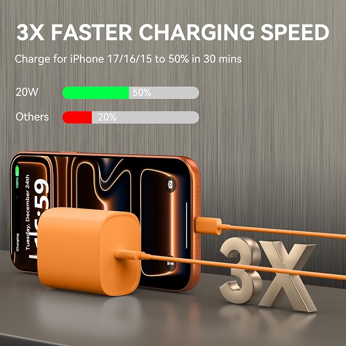 Phone 17 16 15 Charger Fast Charging, 10 FT Long USB C Charger Cord with 20W Type C Fast Phone Charging Block forPhone 17/17 Pro/17 Pro max/Air/Phone 16 15 Pro Max Plus, iPad, Android,Orange