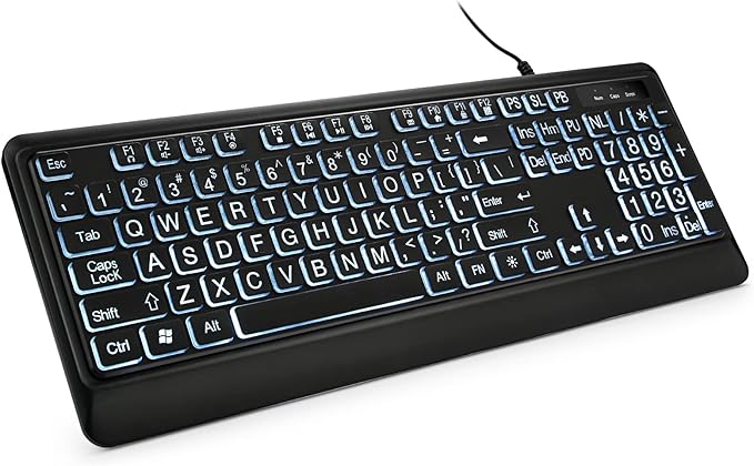 KOPJIPPOM Large Print Backlit Keyboard, USB Wired Computer Keyboard, Full Size Keyboard with White Illuminated LED Compatible for Windows Desktop, Laptop, PC, Gaming, Black