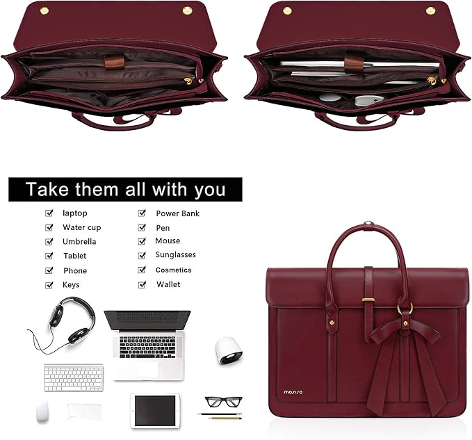 MOSISO Laptop Bag for Women, 17 inch PU Leather Laptop Shoulder Bags Convertible Backpack, 17.3 inch Messenger Bags Casual Handbag Work Briefcase Travel Computer Bag with Bowknot, Wine Red