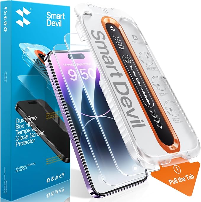 SMARTDEVIL 2 Pack Screen Protector for iPhone 14 Pro, 9H Hardness Military Grade Shatterproof HD Clear Tempered Glass, Easy to Install, Auto Bubble-Free and Dust-Free Box, Case Friendly