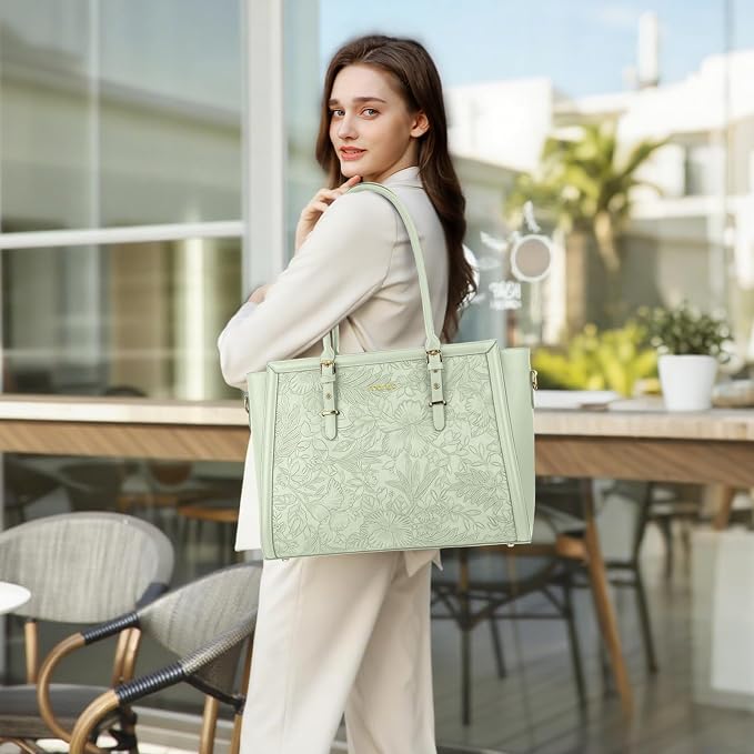 MOSISO Laptop Bag for Women, 15.6-16 inch PU Leather Tote Bag Compatible with MacBook, HP, Dell, Asus Notebook, Front Embossed Retro Hibiscus Computer Bags with Silk Scarf&Clutch Purse, Sage Green