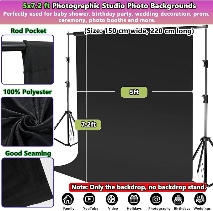 5x7.2ft Black Background for Photography, Premium Black Wall Backdrop Curtains Polyester Birthday Party Decoracion Back Drop Content Creator Background Screen for Studio Video Photo Booth Photoshoot