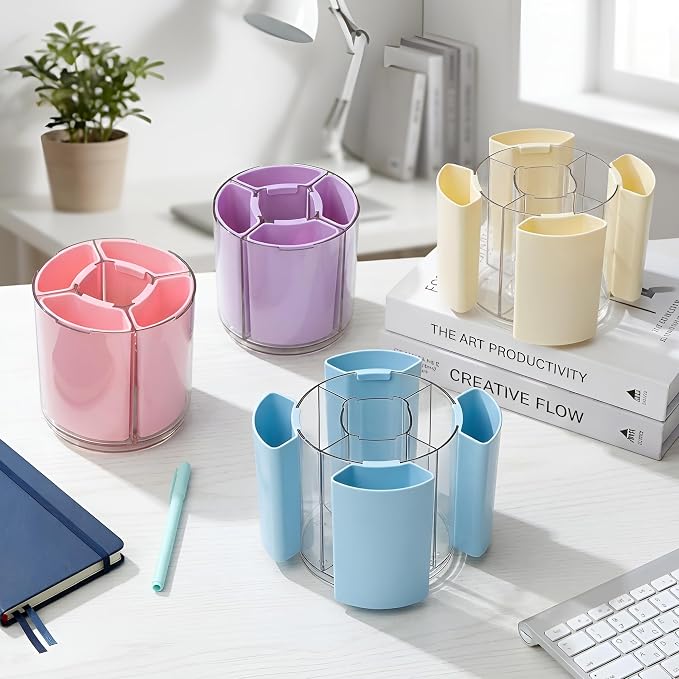 Comix 360° Rotating Pen Holder for Desk, Cute Pencil Holder Pen Organizer, Beige Acrylic Pencil Cup Caddy with 5 Slots for Home School Office Supplies
