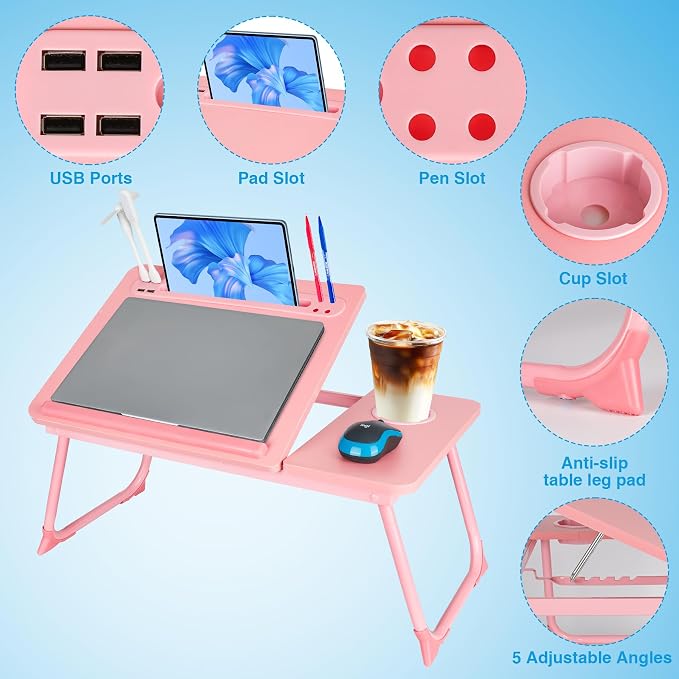 Laptop Bed Desk, Adjustable Lap Desk, Small Laptop Table with USB Charge Port, Desktop Card &Pen Slot, Cup Holder, Foldable Bed Tray Table for Couch Sofa Chair Floor Eating Working