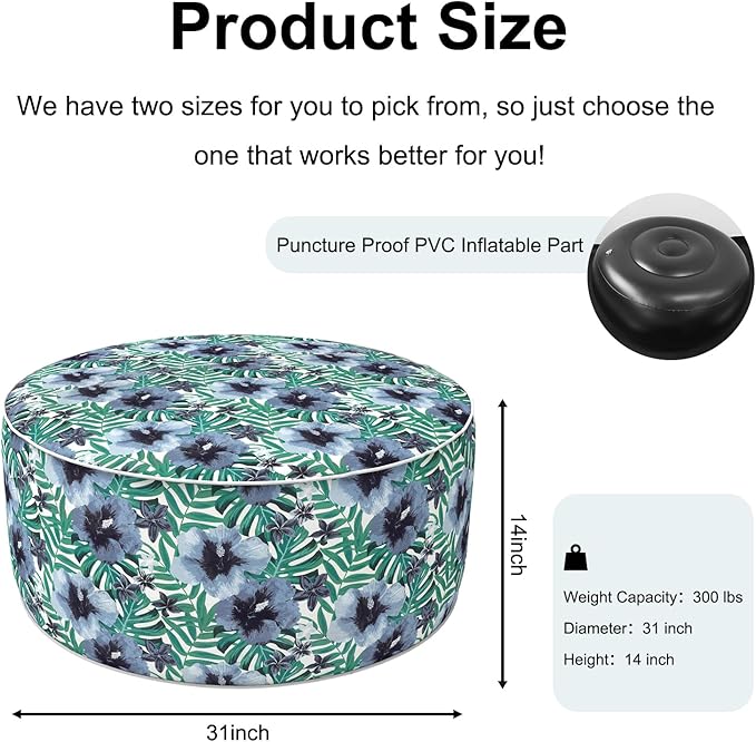 DYTXIII Inflatable Ottoman Stool D31 xH14 for Outdoor/Indoor Use, Water Repellent Patio Foot Rest with Portable Handle,Round Pouf Ottoman Suitable for Garden,Deck and Camping - Blue Salmone Tropical