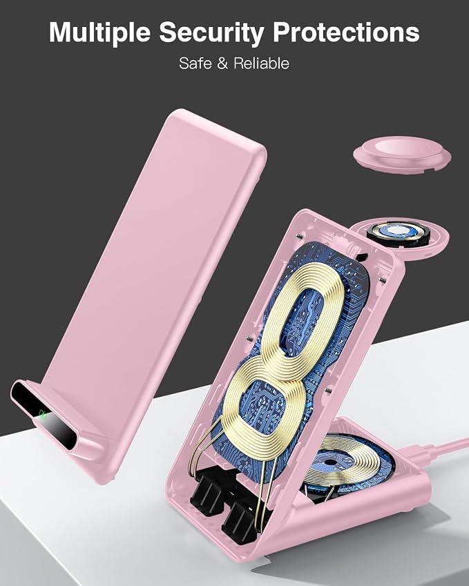 Wireless Charging Station,3 in 1 Charging Stand Made for Apple Watch Ultra 10 9 8 7 6 SE 5 4 3,Fast Wireless Charger Made for iPhone 16/15/14/13/12/11/X,for AirPods Pro(with Adapter) (Pink)