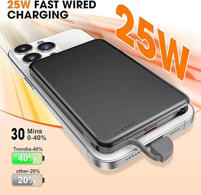 for MagSafe Portable Charger, 0.3" Ultra Slim 5000mAh Magnetic Power Bank, 25W PD Fast Charging Battery Pack with Built-in Cable, Travel Battery Bank for for iPhone 17/16/15/14/13/12, Black